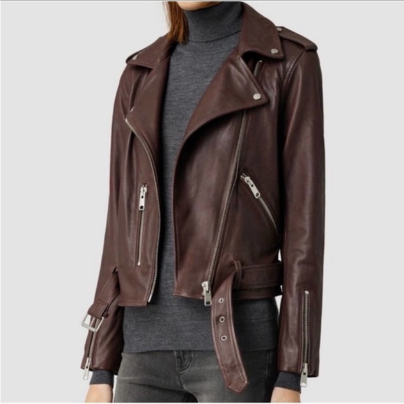 ALL SAINTS Balfern Biker Jacket in Deep‎ Berry Red Size 4 NWT - Picture 2 of 7